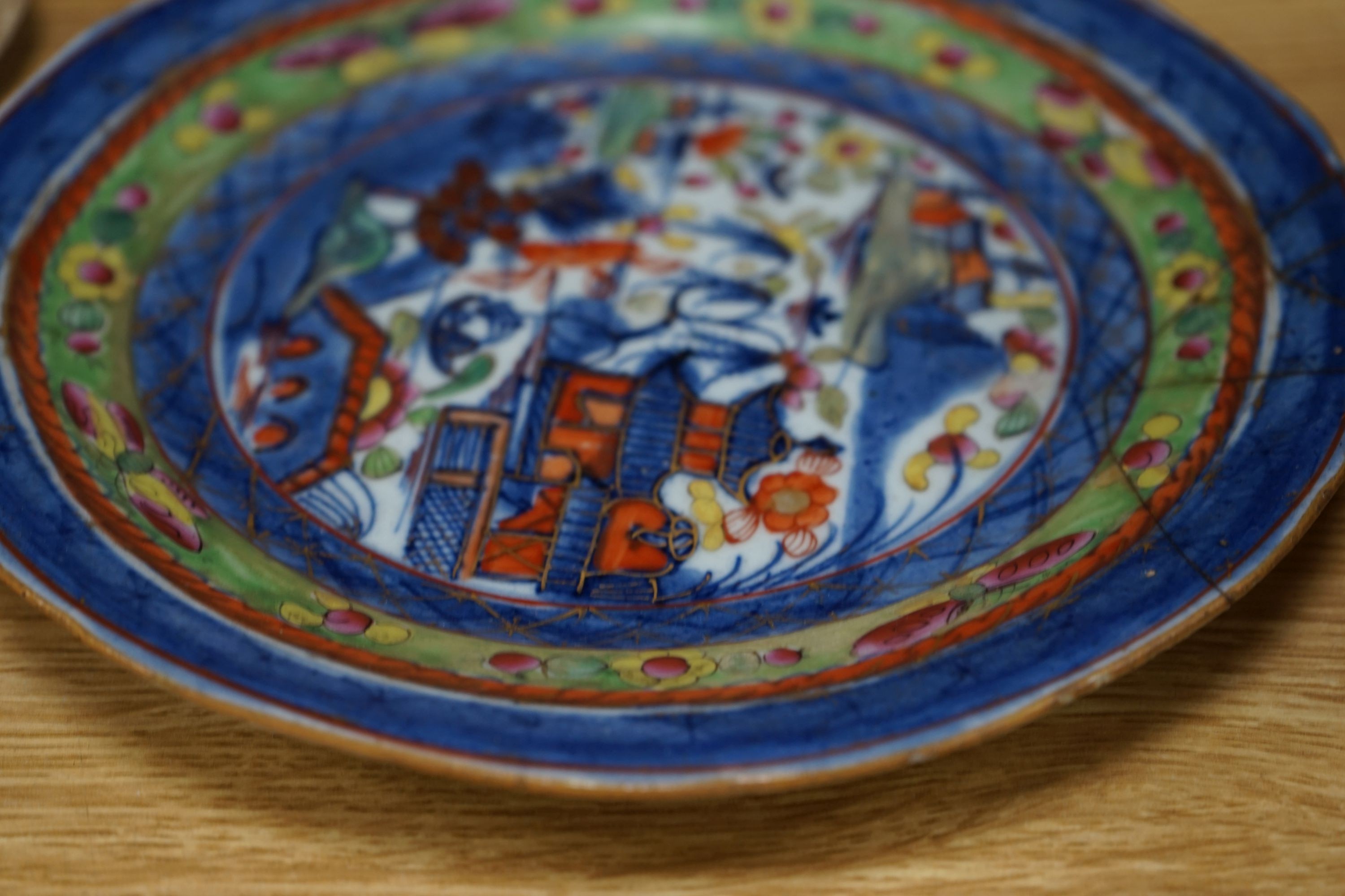 A Japanese blue and white dish, a Chinese blue and white meiping and a clobbered plate 33cm